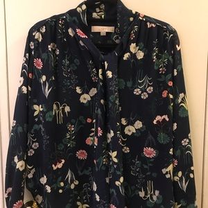 Ann Taylor Loft Blue Floral Pussybow Blouse